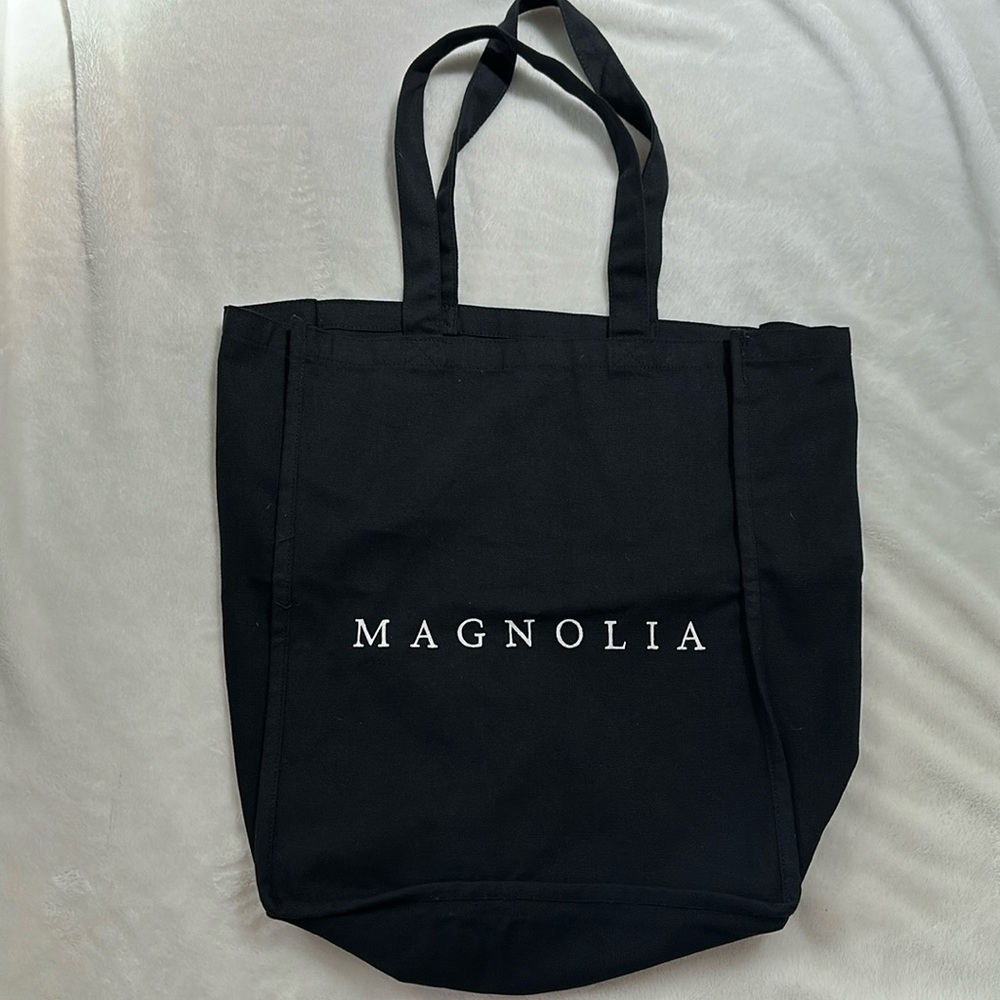 Waco Texas Magnolia Silos black canvas tote.